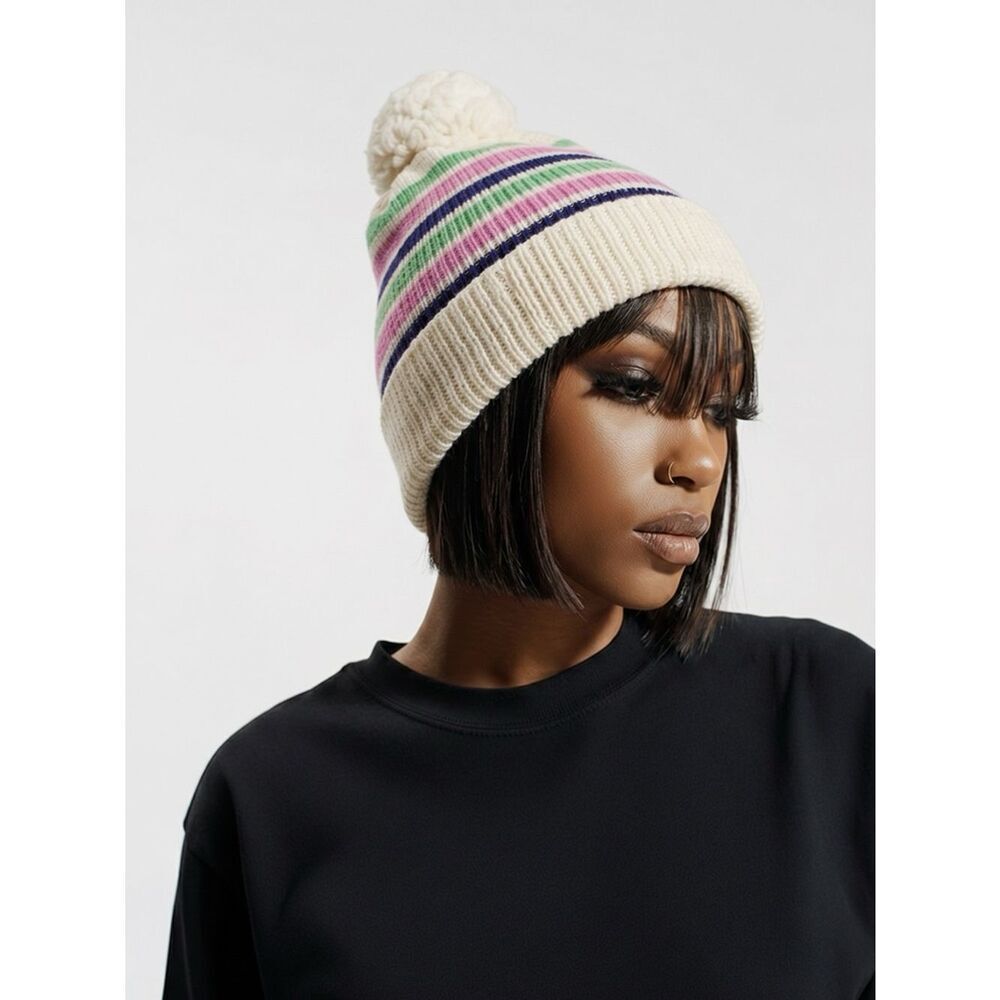 VINTAGE WHITE POM POM WITH GREEN/PINK/PURPLE STRIPES SKI HAT BY MEISTER EVC